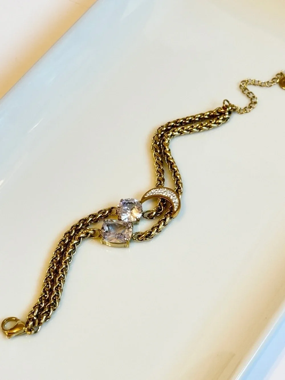 Gold Celestial Crescent Moon Crystal Double Chain Bracelet NWT
